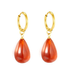 Stainless Steel Gold Color PVD Teardrop Amber Resin Hoop Earrings