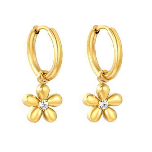 Stainless Steel Gold Color PVD 5 Petal Flower With White Rhinestones Hoop Earrings