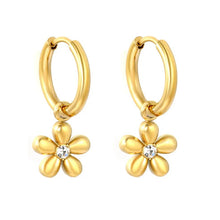 Load image into Gallery viewer, Stainless Steel Gold Color PVD 5 Petal Flower With White Rhinestones Hoop Earrings