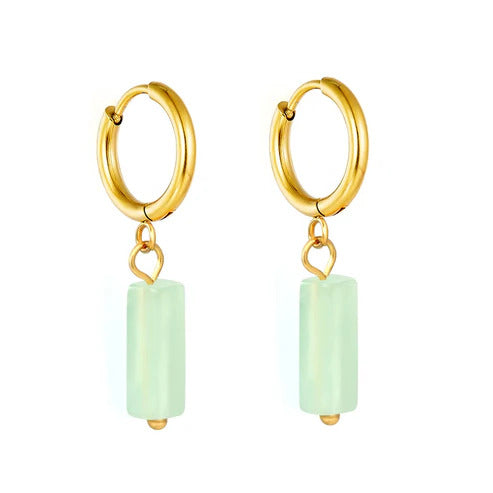 Stainless Steel Gold Color PVD Rectangular Natural Green Stone Hoop Earrings