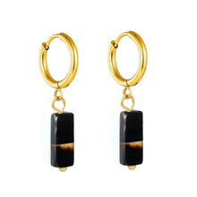 Load image into Gallery viewer, Stainless Steel Gold Color PVD Rectangular Natural Black Stone Hoop Earrings