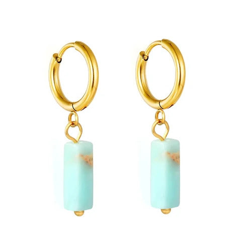 Stainless Steel Gold Color PVD Rectangular Natural Blue Stone Hoop Earrings