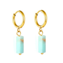 Load image into Gallery viewer, Stainless Steel Gold Color PVD Rectangular Natural Blue Stone Hoop Earrings