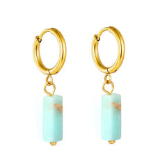 Stainless Steel Gold Color PVD Rectangular Natural Blue Stone Hoop Earrings