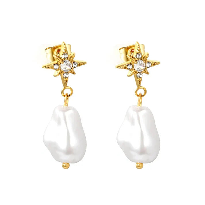 Stainless Steel Gold Color PVD Eight Pointed Star With Rhinestones Baroque Faux Pearl Stud Earrings