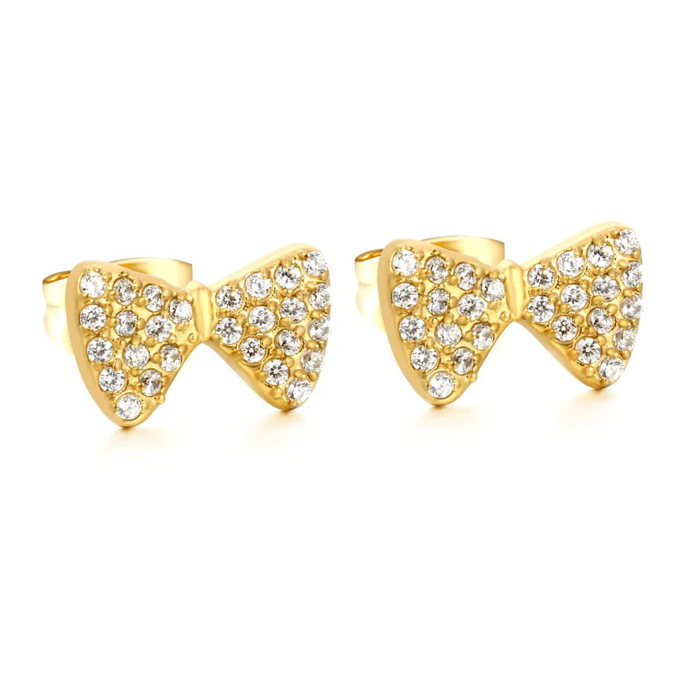 Stainless Steel Gold Color PVD Bowknot Inlaid CNC White Zircon Stud Earrings