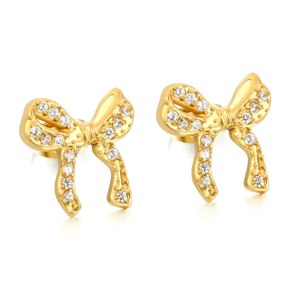 Tresoli Stainless Steel Gold Color PVD Butterfly Inlaid CNC White Zircon Stud Earrings