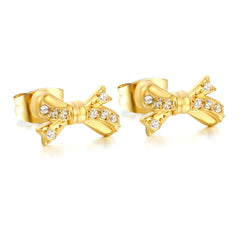 Tresoli Stainless Steel Gold Color PVD Bow Inlaid CNC White Zircon Stud Earrings