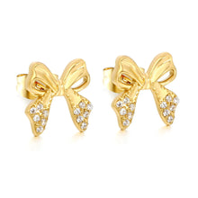 Load image into Gallery viewer, Tresoli Stainless Steel Gold Color PVD Butterfly And Bow Inlaid CNC White Zircon Stud Earrings