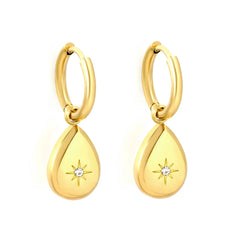 Tresoli Stainless Steel Gold Color PVD Teardrop Eight Pointed Star White Zircon Wire Inner Hoop Earrings