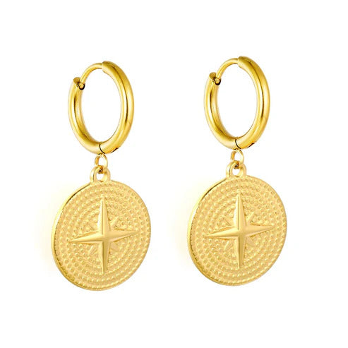 Stainless Steel Gold Color PVD Eight Pointed Star Disc Hoop Earrings