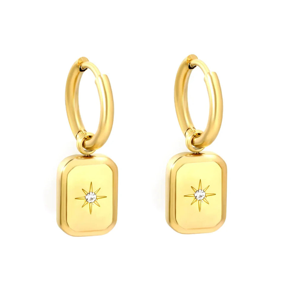 Stainless Steel Gold Color PVD Rectangle Eight Pointed Star White Zircon Inner Hoop Earrings