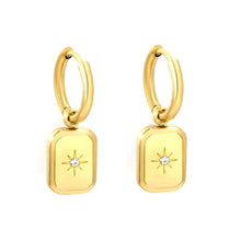 Load image into Gallery viewer, Tresoli Stainless Steel Gold Color PVD Rectangle Eight Pointed Star White Zircon Inner Hoop Earrings