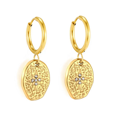 Tresoli Stainless Steel Gold Color PVD Irregular Eight Pointed Star With Rhinestone Hoop Earrings