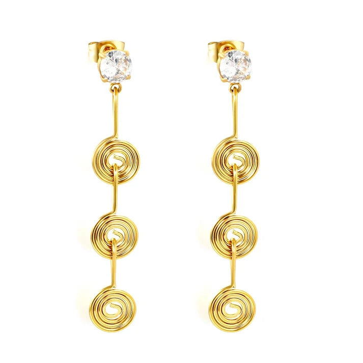 Stainless Steel Gold Color PVD White Zircon 3 Coil Spiral Stud Earrings
