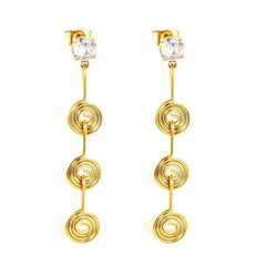 Stainless Steel Gold Color PVD White Zircon 3 Coil Spiral Stud Earrings