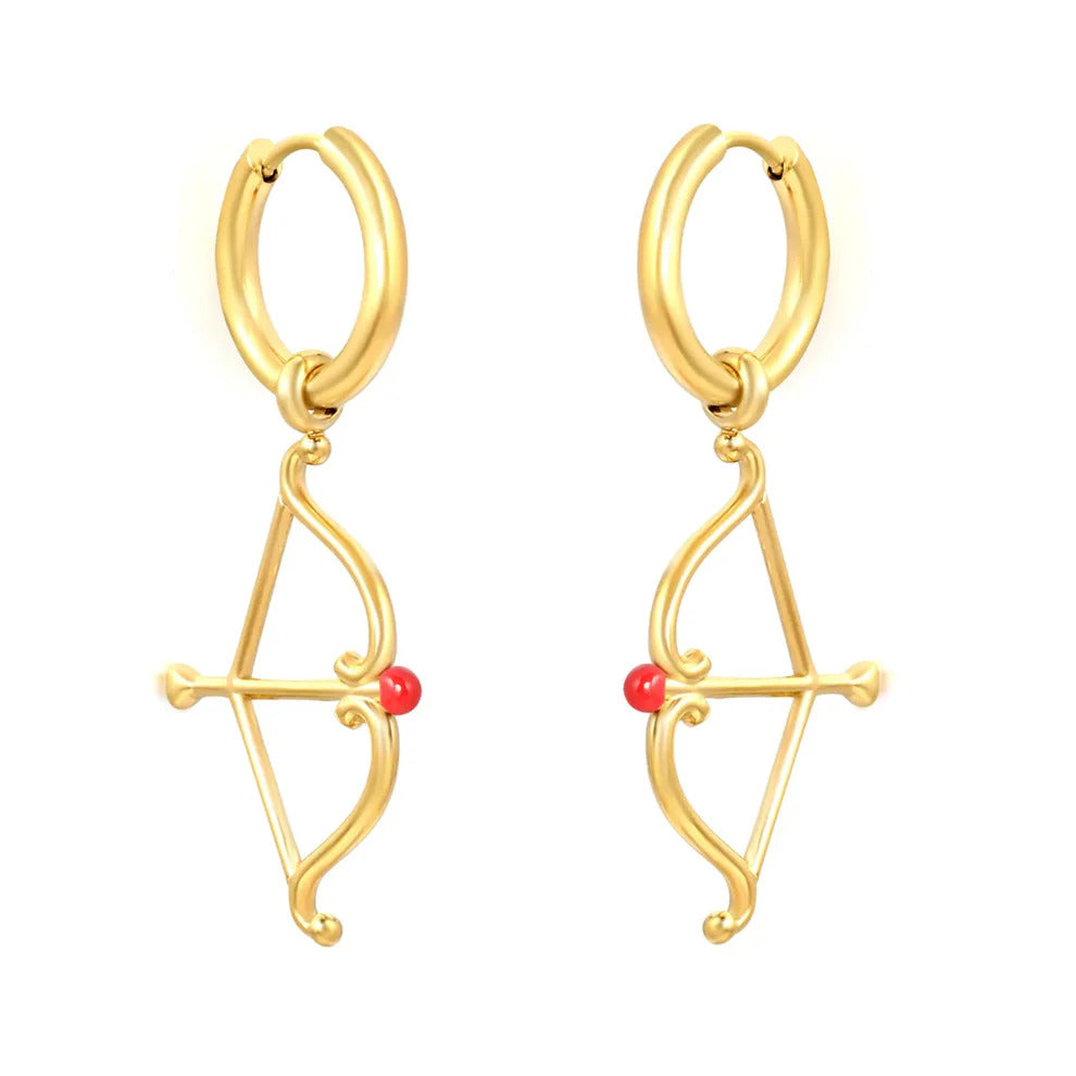 Stainless Steel Gold Color PVD Wire Inner Hoop Earrings With Cupid's Arrow Enamel Heart