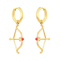 Tresoli Stainless Steel Gold Color PVD Wire Inner Hoop Earrings With Cupid's Arrow Enamel Heart