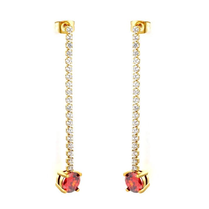 Stainless Steel Gold Color PVD Round White Zircon With Claw Chain And Red Rose Round Zircon Stud Earrings