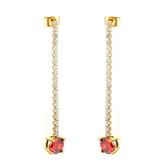 Stainless Steel Gold Color PVD Round White Zircon With Claw Chain And Red Rose Round Zircon Stud Earrings