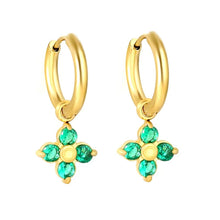 Load image into Gallery viewer, Stainless Steel Gold Color PVD Four Leaf Shape Emerald Green Zircon Ear Buckle Hoop Earrings