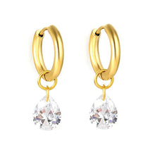 Load image into Gallery viewer, Stainless Steel Gold Color PVD White Zircon Teardrop Hoop Earrings