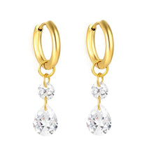 Load image into Gallery viewer, Stainless Steel Gold Color PVD Teardrop White Zircon Hoop Earrings