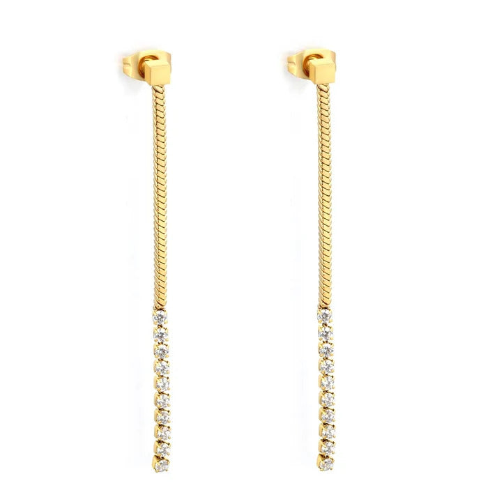 Stainless Steel Gold Color PVD White Zircon Smooth Square Stud Earrings With Square Snake Chain