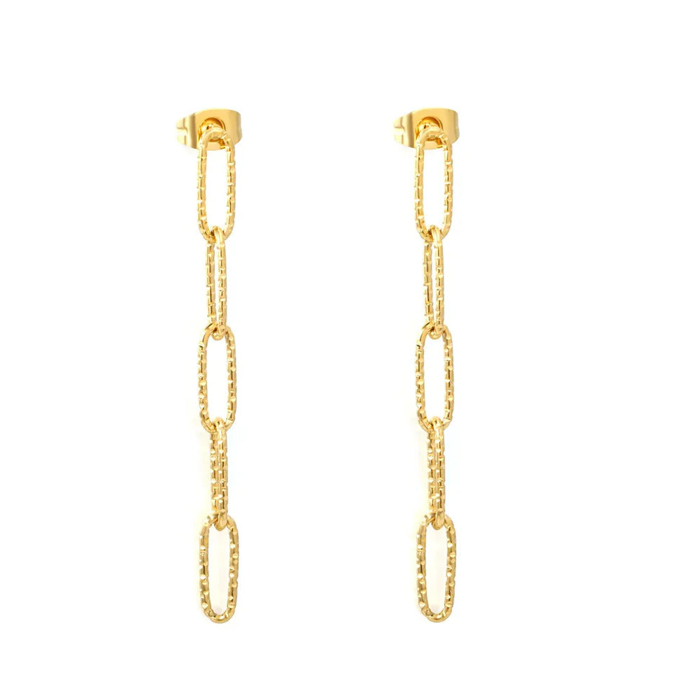 Stainless Steel Gold Color PVD Textured Paperclip Chain Tassel Stud Earrings