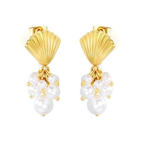 Stainless Steel Gold Color PVD Pearl Hanging Shell Stud Earrings