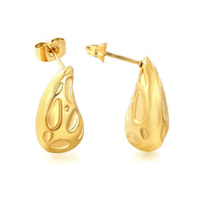 Load image into Gallery viewer, Stainless Steel Gold Color PVD Concave Convex Hammered Texture Teardrop Shape Stud Earrings