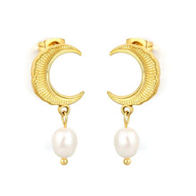 Load image into Gallery viewer, Stainless Steel Gold Color PVD Moon Stud Earrings With Natural Freshwater Pearl