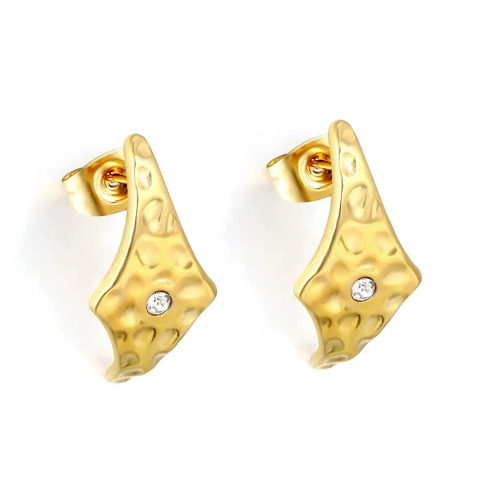 Stainless Steel Gold Color PVD Hammered Texture C Shape White Zircon Hoop Stud Earrings