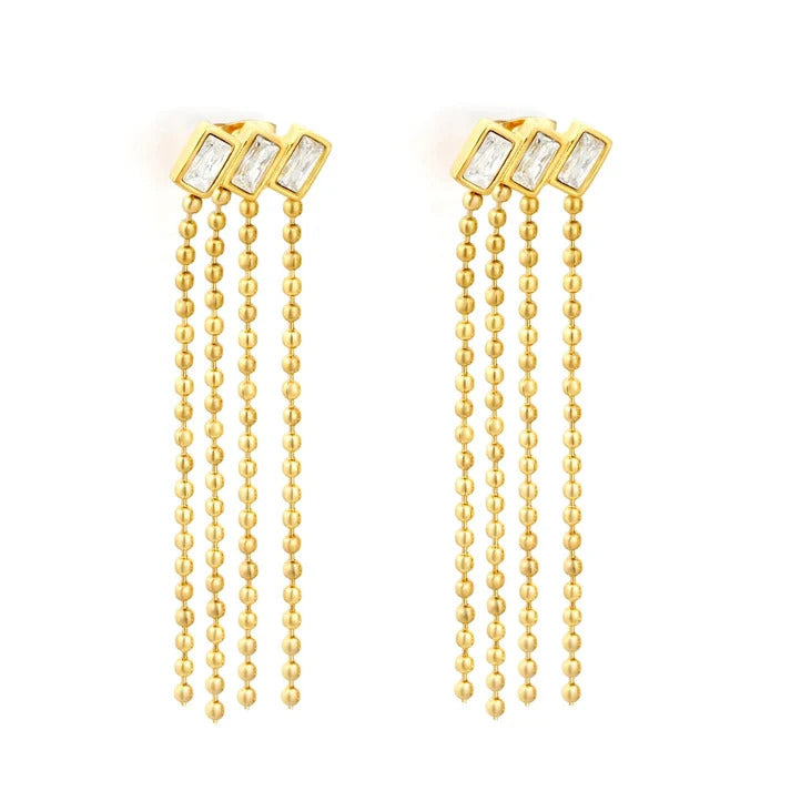Stainless Steel Gold Color PVD Three Charms Cubic Zirconia Four Pieces Ball Chain Tassels Stud Earrings