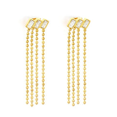 Stainless Steel Gold Color PVD Three Charms Cubic Zirconia Four Pieces Ball Chain Tassels Stud Earrings