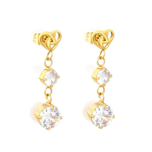 Stainless Steel Gold Color PVD Hollow Heart Knot White Cubic Zirconia Stud Earrings