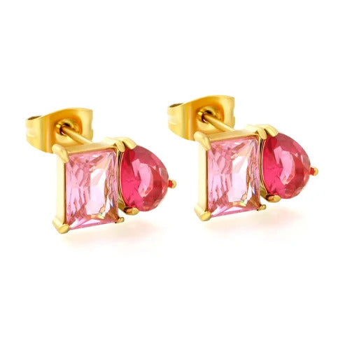 Stainless Steel Gold Color PVD Pink Stone Butterfly Stud Earrings