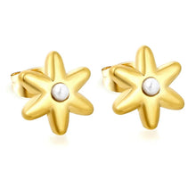 Load image into Gallery viewer, Stainless Steel Gold Color PVD Six Petal Flower Inlaid Faux Pearls Stud Earrings