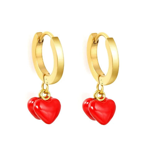 Stainless Steel Gold Color PVD Enamel Double Red Heart Hoop Earrings
