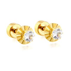Tresoli Stainless Steel Gold Color PVD Embossed Round Slice Stud Earrings With Prong Set Round Zirconia Screw Pin And Round Twist Screw