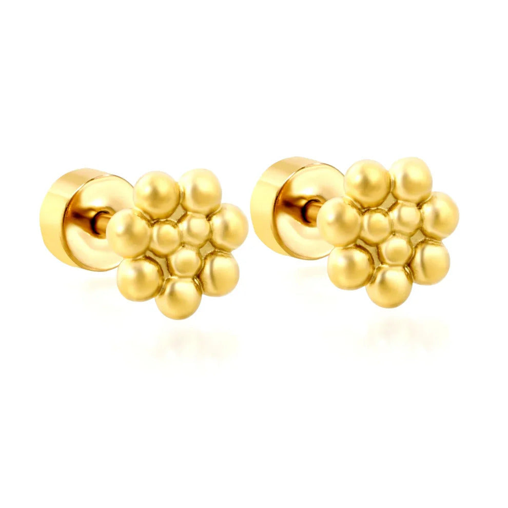 Tresoli Stainless Steel Gold Color PVD Flower Stud Earrings With Screw Pin And Round Twist Screw