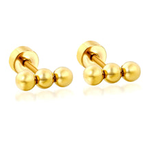 Load image into Gallery viewer, Tresoli Stainless Steel Gold Color PVD Three Beads Stud Earrings With Screw Pin And Round Twist Screw