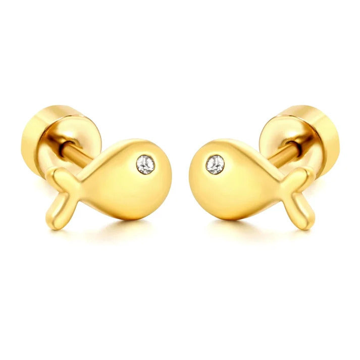 Stainless Steel Gold Color PVD Fish Shaped Zircon Threaded Pin Twisted Screw Back Stud Earrings