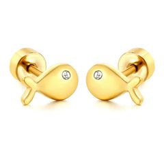 Stainless Steel Gold Color PVD Fish Shaped Zircon Threaded Pin Twisted Screw Back Stud Earrings