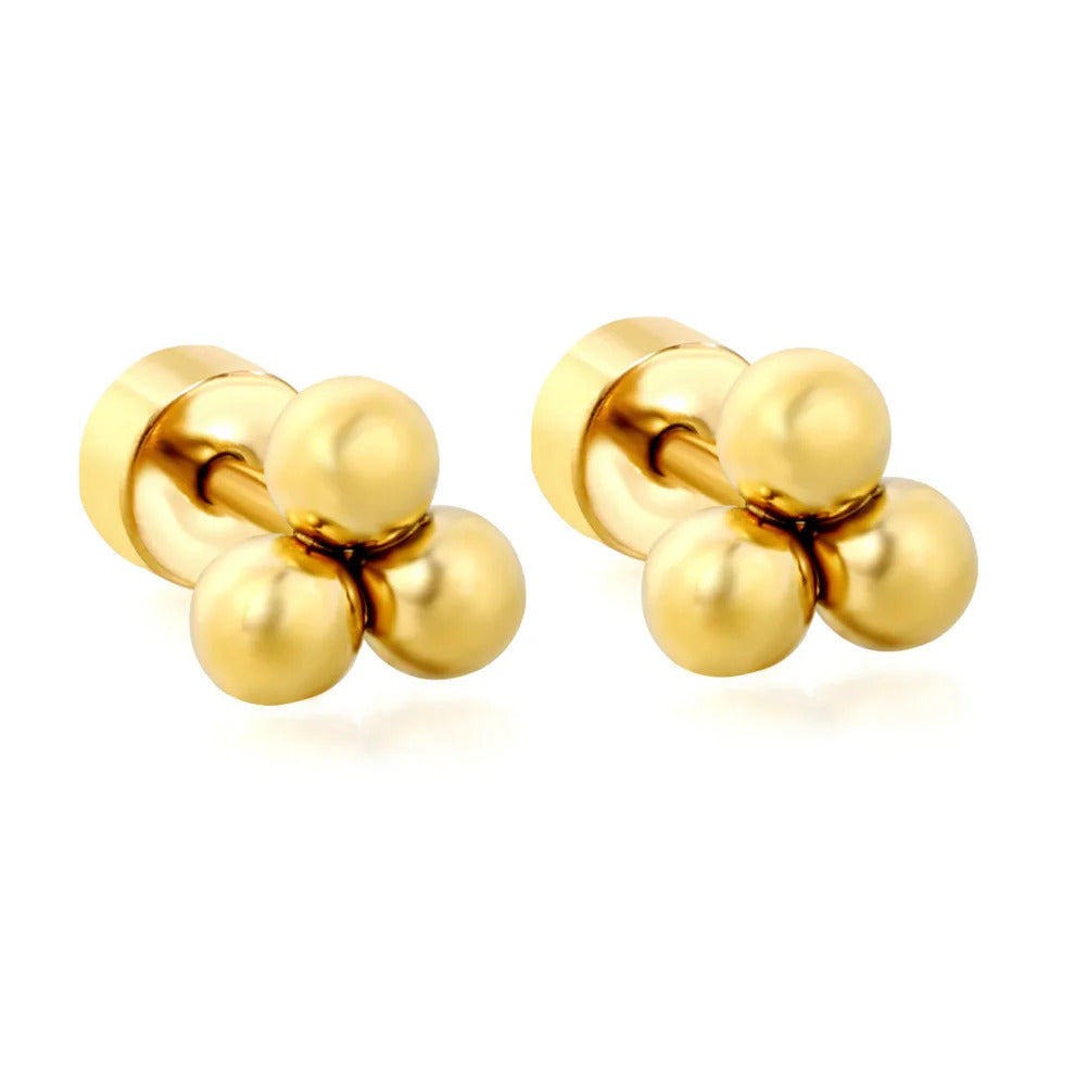 Stainless Steel Gold Color PVD 3mm Three Beads Stud Earrings With Screw Pin And Round Twist Screw