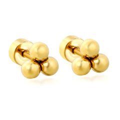 Tresoli Stainless Steel Gold Color PVD 3mm Three Beads Stud Earrings With Screw Pin And Round Twist Screw