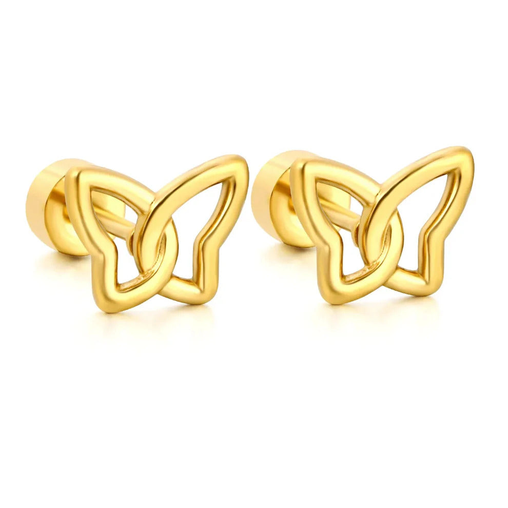 Stainless Steel Gold Color PVD Hollow Butterfly Stud Earrings With Screw Pin And Round Twist Screw