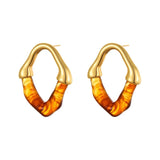 Stainless Steel Gold Color PVD Hollow Irregular Resin In Brown Stud Earrings