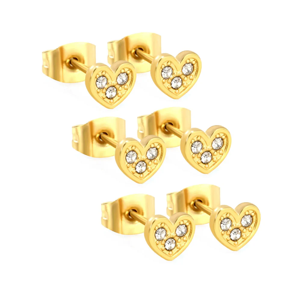 Tresoli Stainless Steel Gold Color PVD Heart Shaped White Diamond Adhesive Set Plain Post Stud Earrings