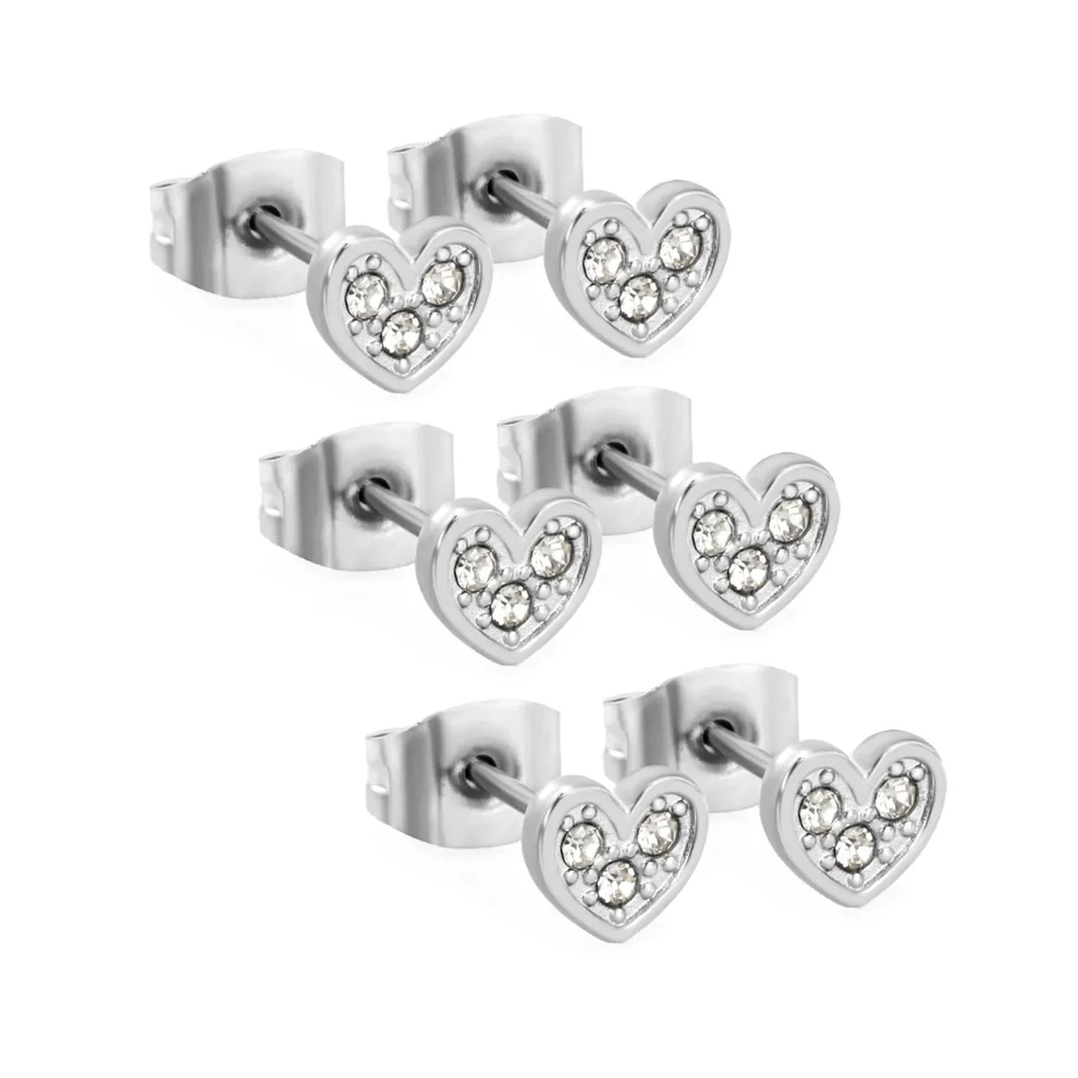 Tresoli Stainless Steel Color PVD Heart Shaped White Diamond Adhesive Set Plain Post Stud Earrings